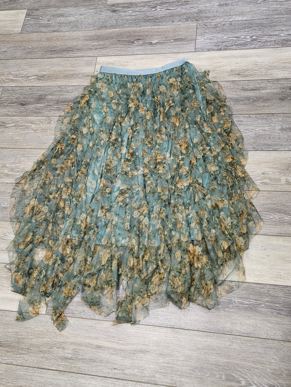 Amber Sky Green Floral Layered A-Line Tulle Skirt Size Xlarge